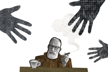 Composite photo collage of serious old man pensioner smoke cigar steam addiction harmful hobby people hands isolated on painted background