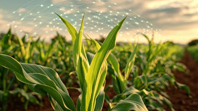 Vibrant Green Cornfield Showcasing Modern Agricultural Technology at Sunset Generative AI