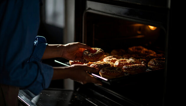 Baker hand take out a Baked donut in the oven in the night.