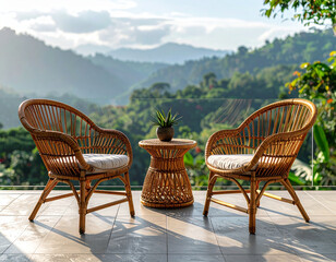Rattan chairs overlooking lush mountain landscape