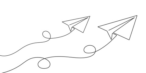 Paper airplane is flying. Business concept. One line drawing. Vector illustration .