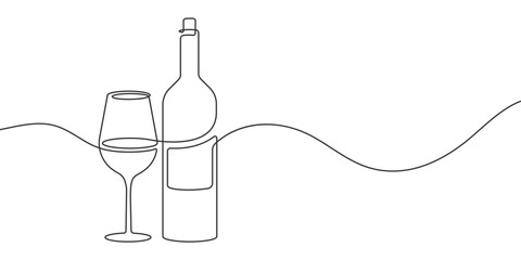 Wine glass. Alcoholic drink drawing. Wine bottle . line art. Vector illustration .
