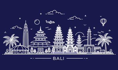 Bali Hand Drawn Skyline Art of Island Heritage, Beaches, and Mount Agung | Perfect for Travel Agencies, Tourism Marketing, and Wall Art Prints