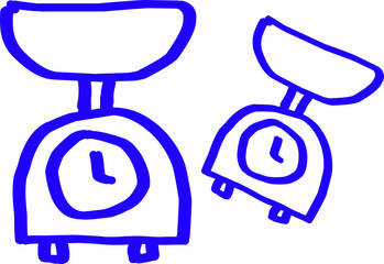 Blue hand-drawn doodle of two kitchen scales with dial indicators. Simple sketch line art illustration for food, cooking, measurement, or weight concepts