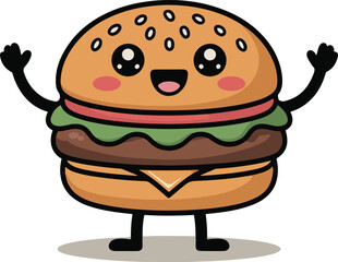 Cute cartoon burger character with happy face and waving arms on a plain background illustration