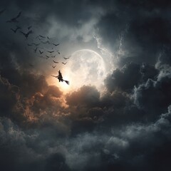 Full moon with witch flying across cloudy night sky scene.