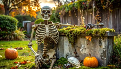 Human Skeleton Figure Next to Concrete Structure with Halloween Pumpkins and Fall Foliage in Backyard Garden