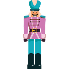 Pixelated Nutcracker Toy Soldier Character in Pink Uniform and Teal Hat with Black Boots Standing Against a White Background