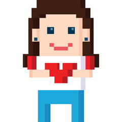Pixelated Person Holding Red Heart Symbol with Brown Hair Blue Pants and White Shirt with Red Sleeves Isolated on White Background