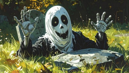 Pixelated Spooky Figure Emerging from Grave Surrounded by Autumn Leaves Digital Art