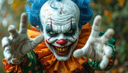 Scary Clown with Blue Hair and Green Costume Reaching Outwards Against Dark Green Foliage