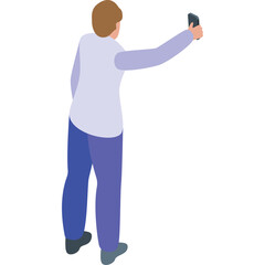 Pixelated Person Taking A Selfie With A Phone In A Casual Outfit With Blue Pants And A Light Purple Shirt Against A White Background