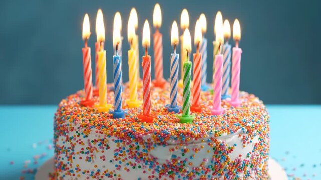 A festive birthday cake covered in white frosting and colorful sprinkles, adorned with many lit candles against a blue background vector illustration