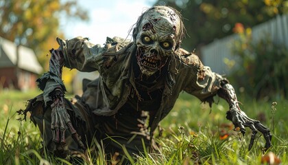 Terrifying Zombie Crawling Through Grass on Sunny Day with Decayed Flesh and Empty Eyes in Suburban Area