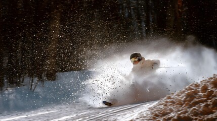 Obraz premium Dynamic Skiing Action in Snowy Forest Landscape with Motion Blur