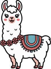 Cute cartoon llama with decorative saddle against simple pink background and cheerful expression