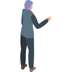 Pixelated Isometric Humanoid Figure With Purple Hair And Blue Gray Tunic And Dark Pants In A Transparent Background