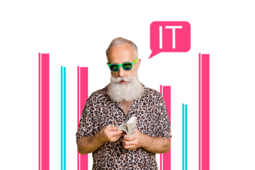 Composite trend collage of monochrome aged man trader hand hold money roll count wealth rich success speech cloud information technology