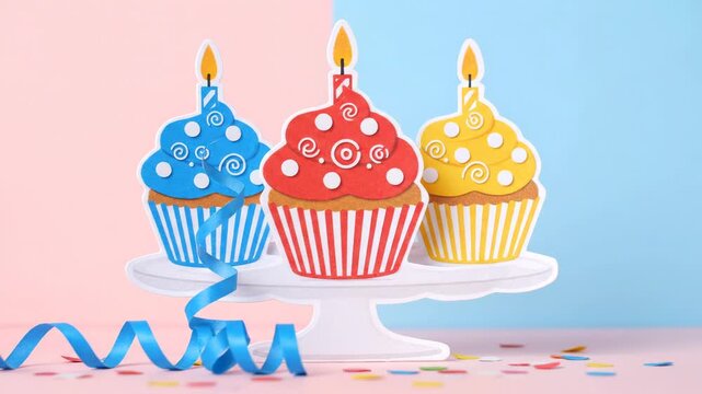 Three decorative cupcakes with lit candles arranged on a cake stand, surrounded by confetti and a blue ribbon, against a pastel background vector illustration