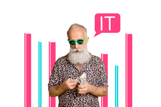 Composite trend collage of monochrome aged man trader hand hold money roll count wealth rich success speech cloud information technology