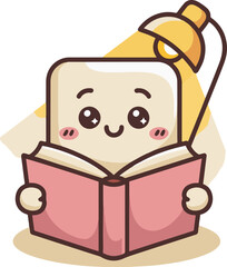 Cute cartoon toast with happy face reading a pink book under a small desk lamp illustration