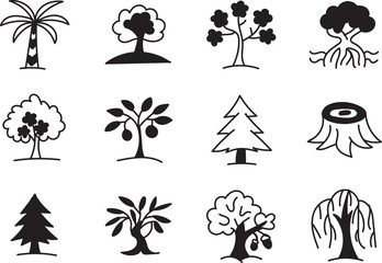 Hand Drawn Tree Icon Set Minimal Forest Silhouette Nature Illustration