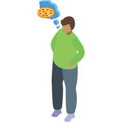 Pixelated Man in Green Sweater and Gray Pants Daydreaming of a Pepperoni Pizza Slice Floating in a Blue Thought Bubble Against a Transparent Background Isometric Style
