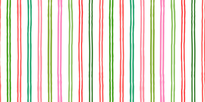 Christmas green, red and pink vertical jagged stripes vector seamless pattern, thin double grunge lines background