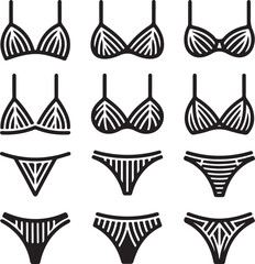A collection of women's bra and panty sets decorated with intricate linear, striped, and leaf-like patterns for fashion design