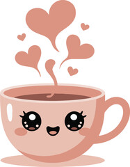 Cute cartoon coffee cup with smiling face and floating heart steam on white background illustration