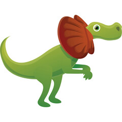 Cartoon Green Dilophosaurus Dinosaur with Red Frill and Green Eyes Standing on Hind Legs Isolated...