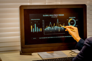 Sharp Asian executive, suited at her office desk, meticulously analyzes the sharp correction in...