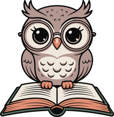 Cartoon owl with big eyes wearing glasses sitting on an open book on a light background image