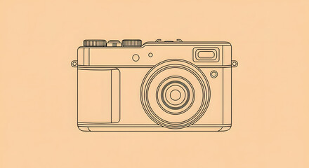 Illustration of a camera with a lens and buttons on a beige background.