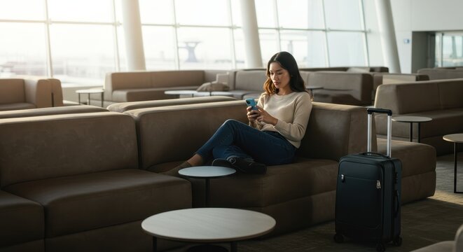 Young woman using smartphone while relaxing on a comfortable sofa in a modern airport lounge with luggage - Powered by Adobe