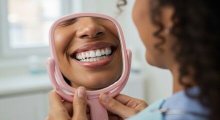 Close-up of happy woman examining her perfect white smile reflected in a small pink mirror at the dental clinic.