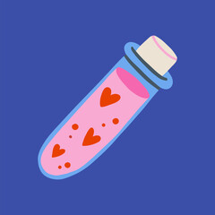 A test-tube with a cork, hearts and pink liquid. Love elixir, love potion. Science romantic love theme. Love is chemistry. Vector illustration for Valentine's day.