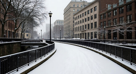 Snow covered walkway in city with buildings and trees under a cloudy winter sky landscape view ai generated