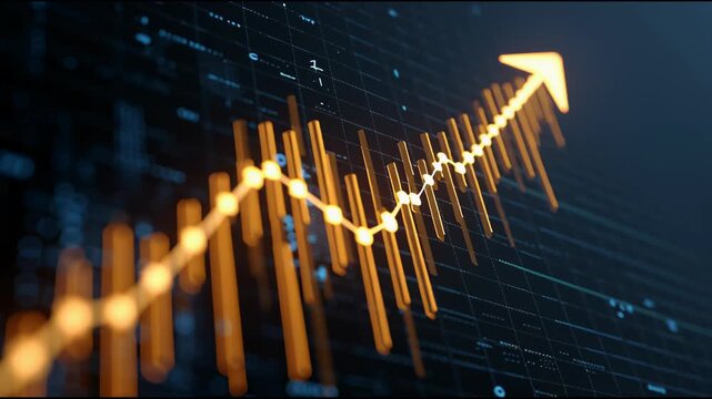 Uptrend visualization: a vibrant visual representation of growth, prosperity, and financial success with an upward arrow soaring over a digital waveform. 