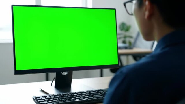 Man wearing glasses looking at a computer screen with a green chroma key, ready for editing and compositing vector illustration