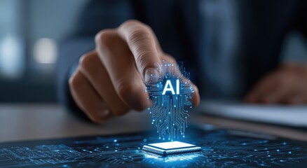 Person interacting with a holographic AI representation