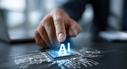 Hand touching AI symbol over circuit board
