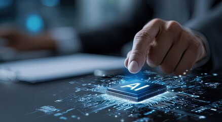 A hand hovering over a glowing AI chip