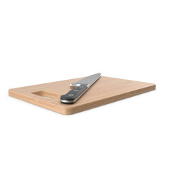 Wooden Cutting Board with Sharp Kitchen Knife 3D Render