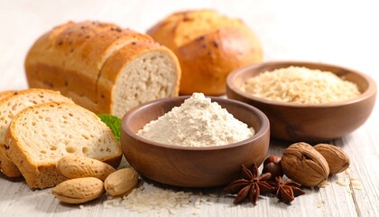 Assortment of Baking Ingredients with Fresh Bread Flour and Nuts.