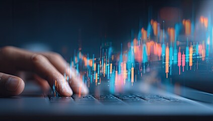 Hands on laptop with abstract financial data overlay