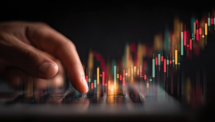 Hand interacting with financial data displayed on a laptop