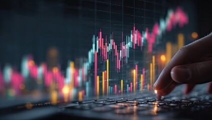 Hand interacting with stock market data on laptop