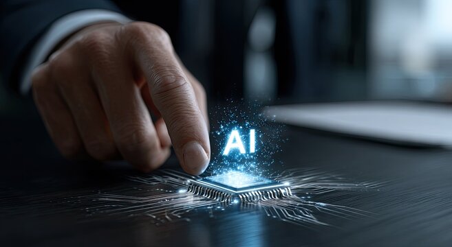 A hand points to an AI chip