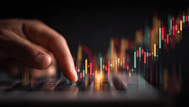 Hand interacting with financial data displayed on a laptop - Powered by Adobe